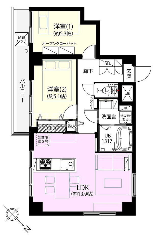 ダイアパレス町屋(2LDK) 9階の間取り図