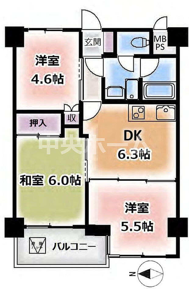 ライオンズマンション高砂(3LDK) 3階の間取り図