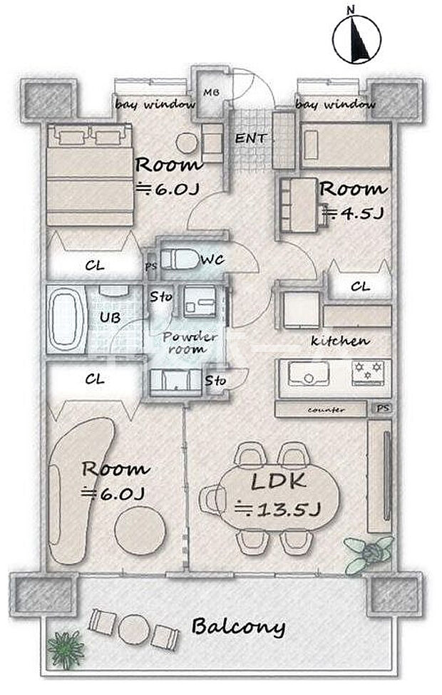 コスモ平井パークビュー(3LDK) 4階の間取り図