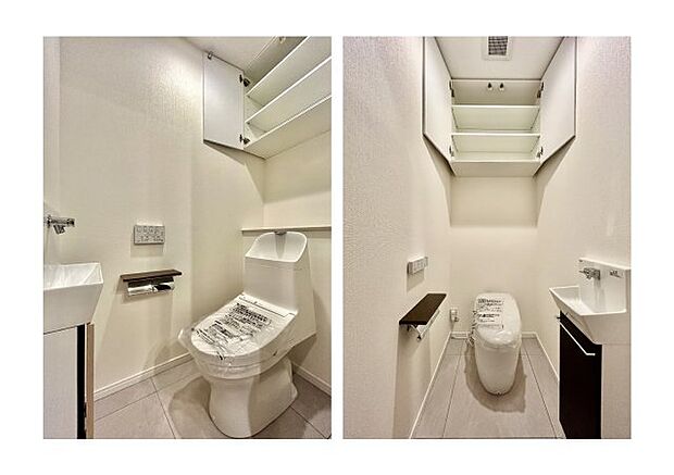 【（左）1F・（右）2Fトイレ】　収納スペースをしっかりと確保した温水洗浄便座機能付きトイレ。温水洗浄便座は清潔にお使いいただくための大切なアイテムです。