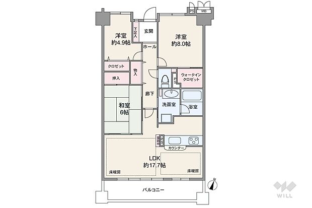 間取りは専有面積85.56平米の3LDK。LDKと和室が続き間になった横長リビングのプラン。和室は廊下側からも出入り可能な2WAY仕様です。各個室と廊下に収納スペースあり。