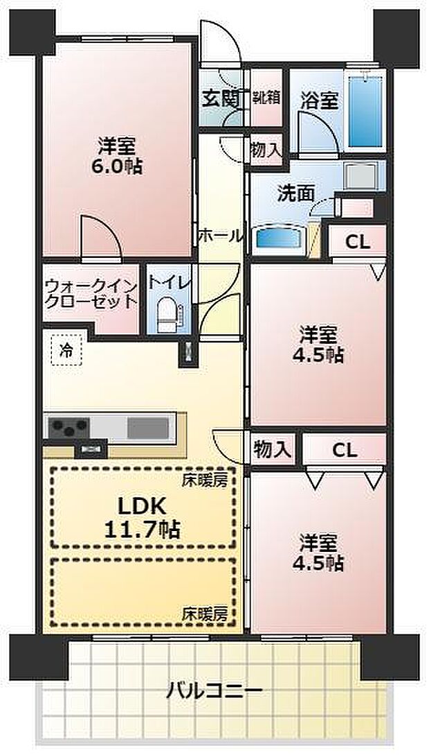 3LDK、価格2980万円、専有面積61.37平米、バルコニー面積10.8平米　カウンターキッチン♪リビング・ダイニングには床暖房完備♪