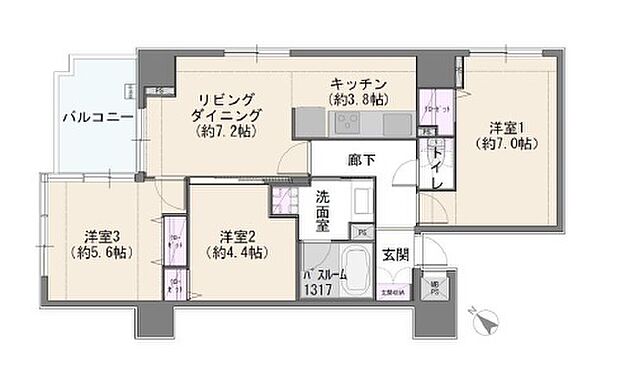 プリミテージュ新横浜(3LDK) 3階/303号室の間取り図