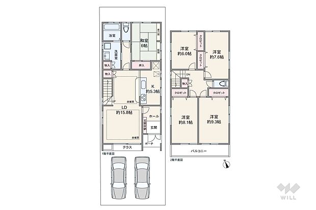 5LDKの家族の動きが見えやすいリビング階段のプラン。個室やサニタリーにはLDKを通ってアクセスする造りです。和室はサニタリーに近く、独立した場所にあるため、趣味の部屋やゲストルームなどに最適です。