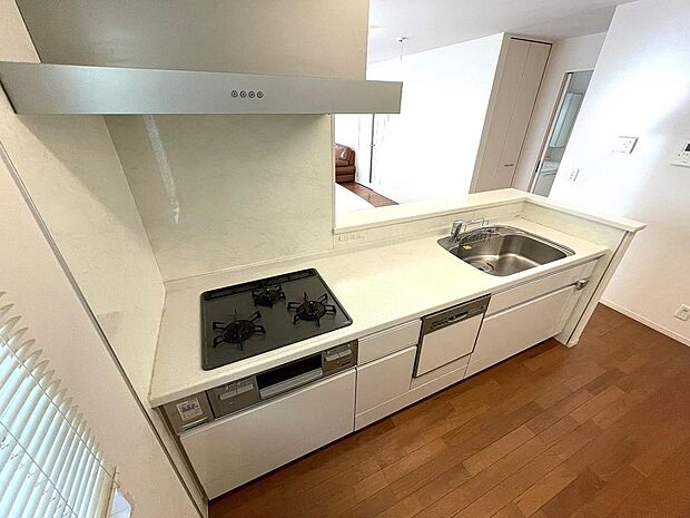 人造大理石カウンタートップが美しいシステムキッチンはビルトイン食洗器が備わります。