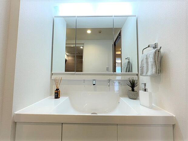 三面鏡裏収納付きの洗面化粧台です。洗髪・お掃除にも便利な広いシンク・シャワー付き。