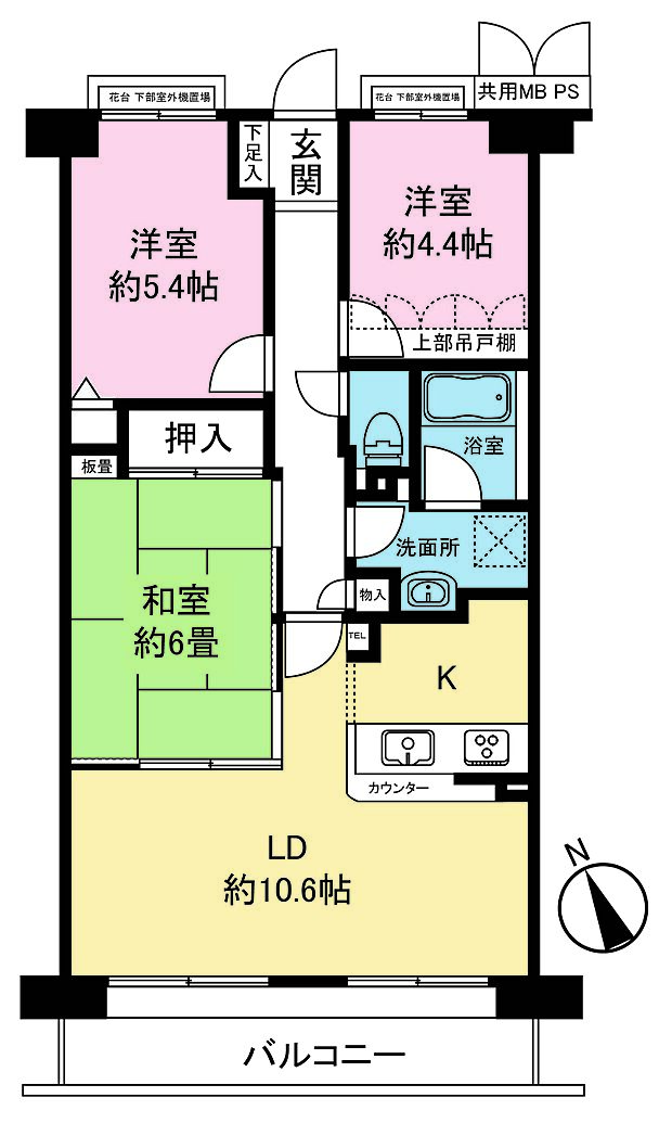 専有面積約62.94m2の3LDKです。全室収納付きの他廊下収納など、生活空間を広々とお使いいただけます。