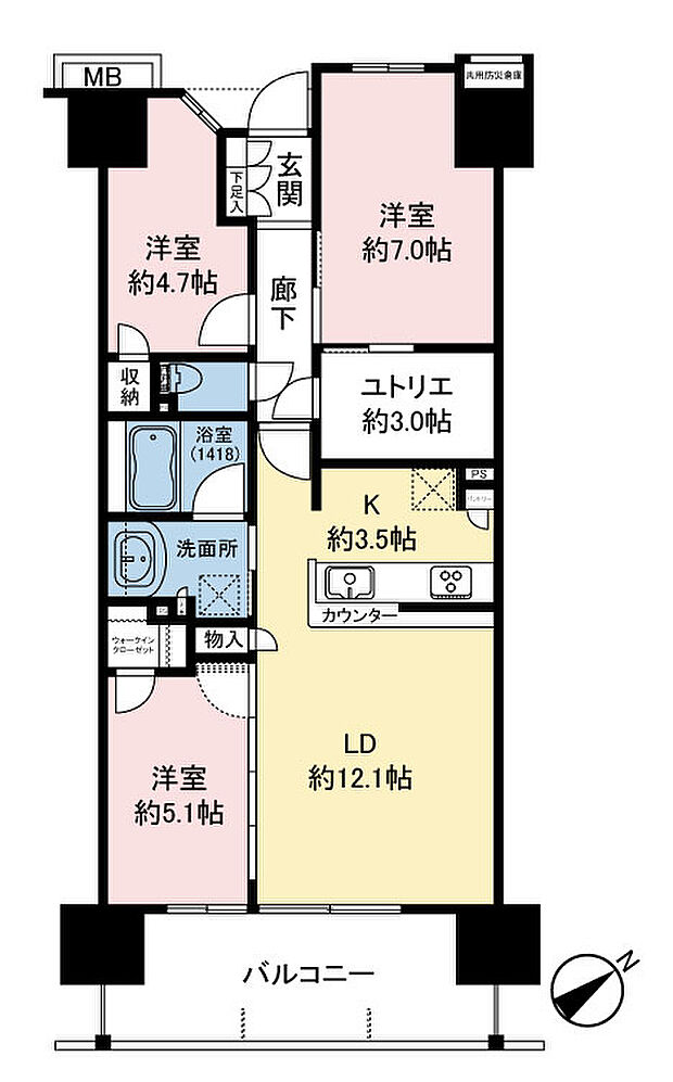 リビオタワー小田急相模原レジデンス(3LDK) 4階の間取り図