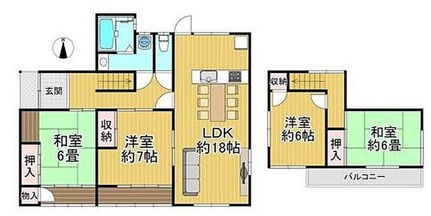 1階に洋室と和室の個室があり、18帖のLDK、4LDKの使いやすい間取りです。