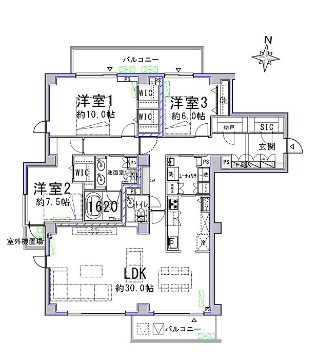 専有面積約137.97平米、約30.5帖のLDKに、約10帖と約7.5帖、約6帖の洋室があります。廊下に納戸、玄関にはシューズインクローゼットがあり、収納も充実しています。