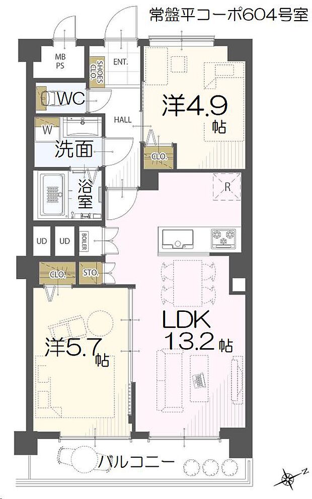 常盤平コーポ(2LDK) 6階の内観