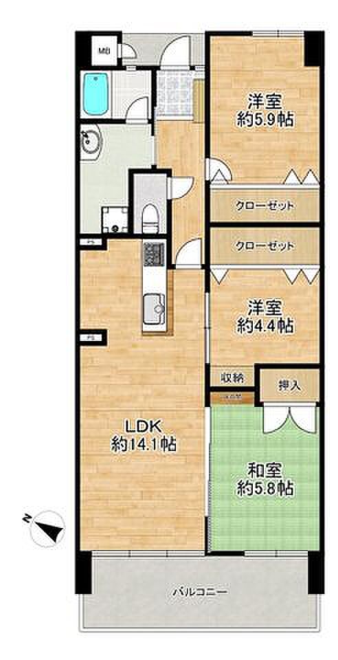 ライオンズマンションマキシム大橋(3LDK) 3階の間取り図