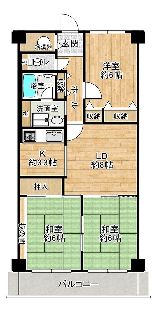 八戸ノ里ニュースカイハイツ(3LDK) 2階の間取り図