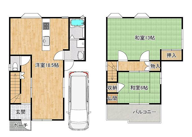 2階東側和室は間仕切りを入れて3LDKとしても利用可能です♪2階和室は13帖と広々しております！
