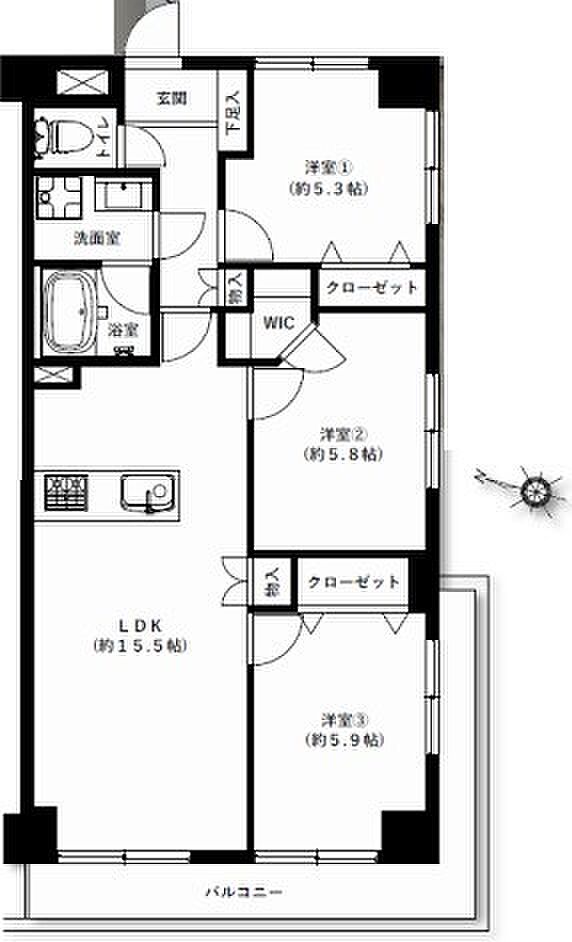 ライオンズマンション登戸第３(3LDK) 1階の間取り図