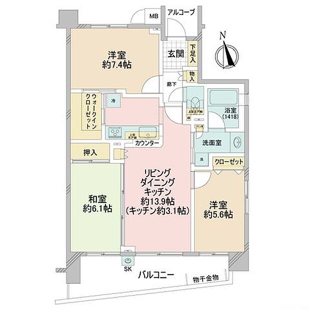 多摩川テラス(3LDK) 6階の間取り図