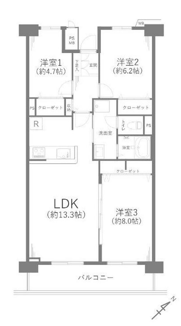 みよしみずほ台サンライトマンション(3LDK) 6階の間取り図