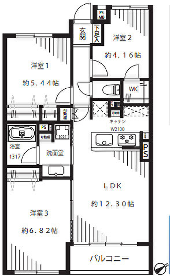 コスモ朝霞(3LDK) 3階の間取り図