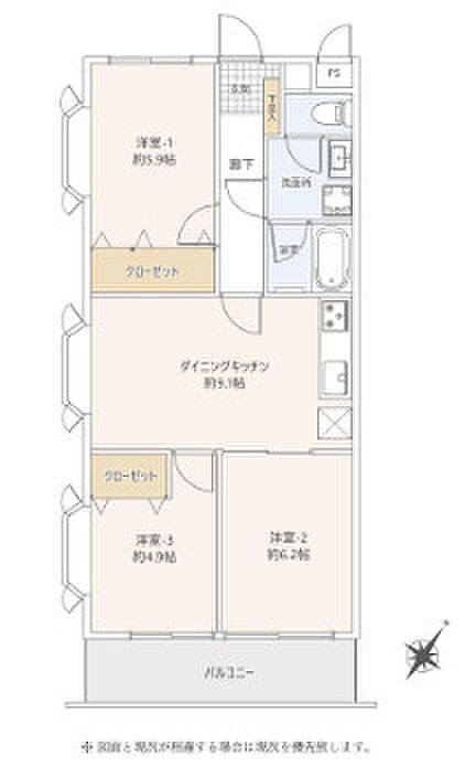 グローリア初穂飯能(3DK) 3階の間取り図