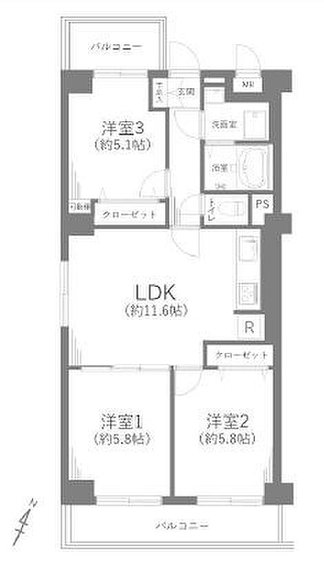 グレース22(3LDK) 5階/501号室の間取り図