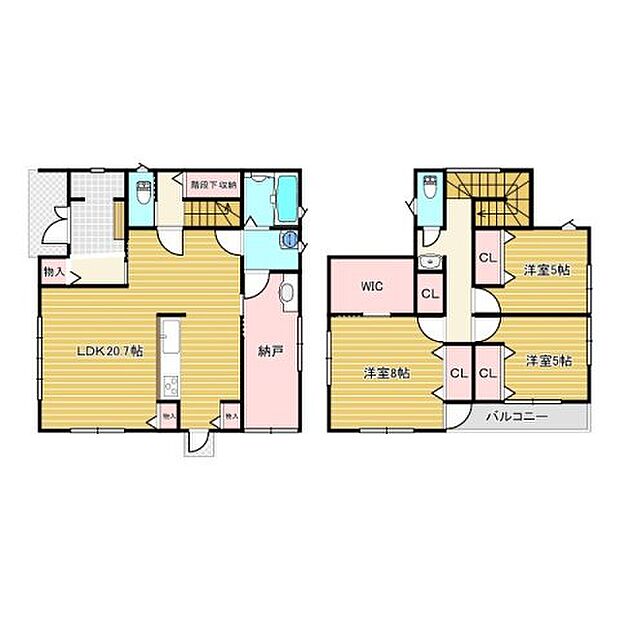 3LDK＋2Sの間取です。建物面積35.31坪。寝室と、洋室は二部屋あり、子供部屋やプライベートスペースとして様々な用途にお使いいただけます。5.5帖の納戸やウオークインクローゼットもありますよ。