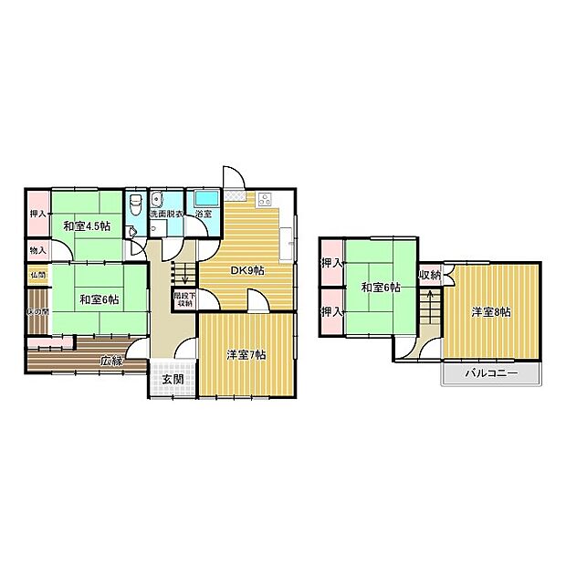 建物面積36.21坪。間取は使い勝手の良い5DKです。部屋数が多いのでファミリーにおすすめな物件となっています。高台にある角地の為、周りを気にせずゆったりとした生活を送ることができそうです。