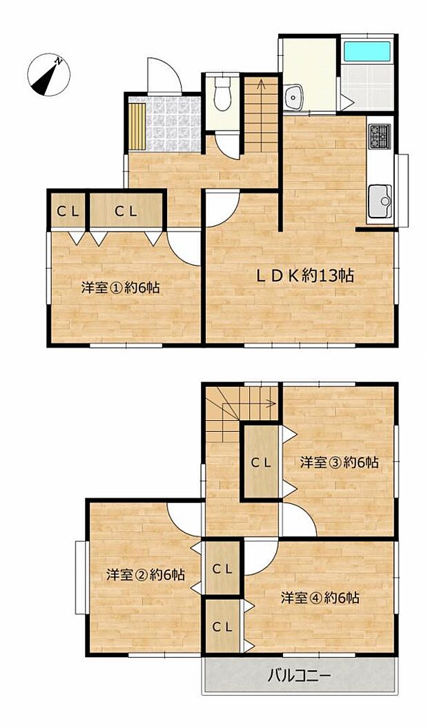 【リフォーム後/間取図】1階に6帖の独立した居室が確保され、10帖以上のLDK、2階もすべて6帖の広さが取れた居室が3部屋ある4ＬＤＫのお家です。各部屋に1つずつ収納があるのも嬉しいですね。