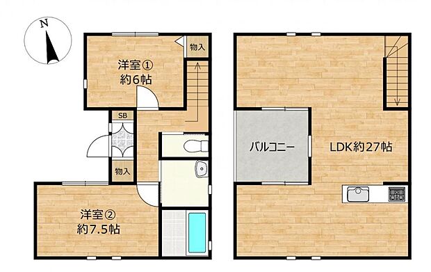 【間取図】2階にキッチンがあり、充実のリビング・ダイニング空間がとれたお家です。LDKが2階にあると人目にもつきにくくプライバシーが保たれます。またインナーバルコニーからの採光がとれるLDKです。1階