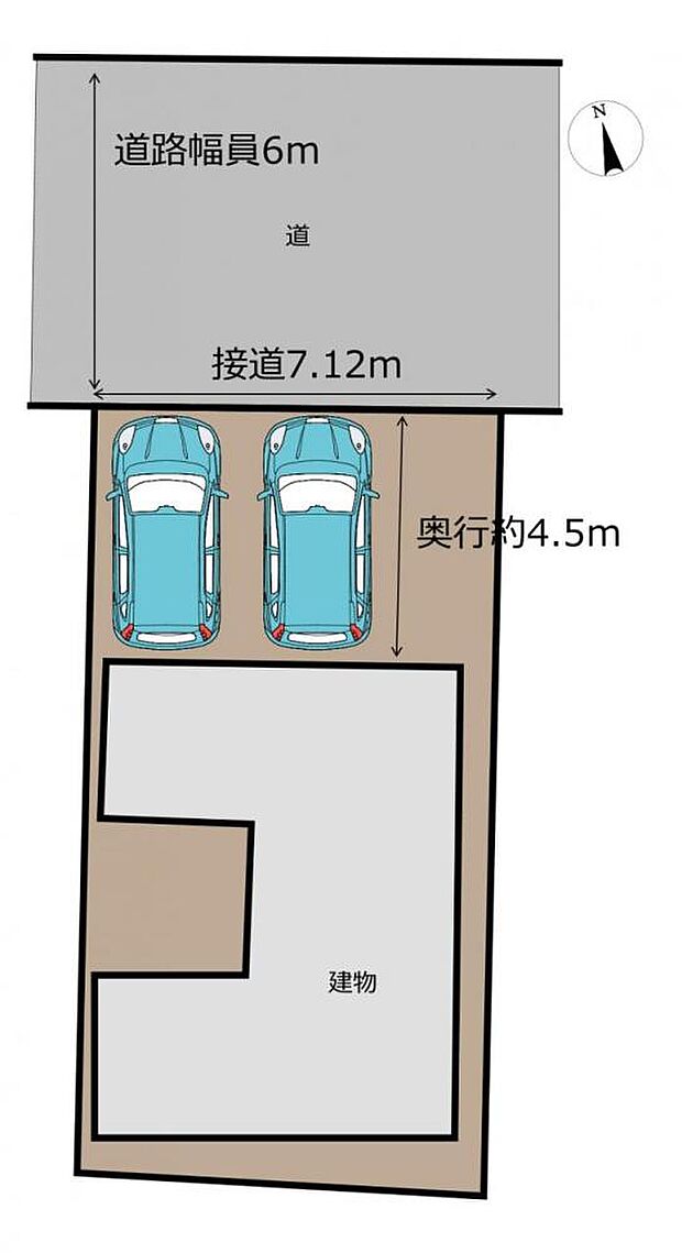 【区画図】普通車2台並列駐車可能です。前面道路が幅員6ｍと広いため車の出入りが容易です。