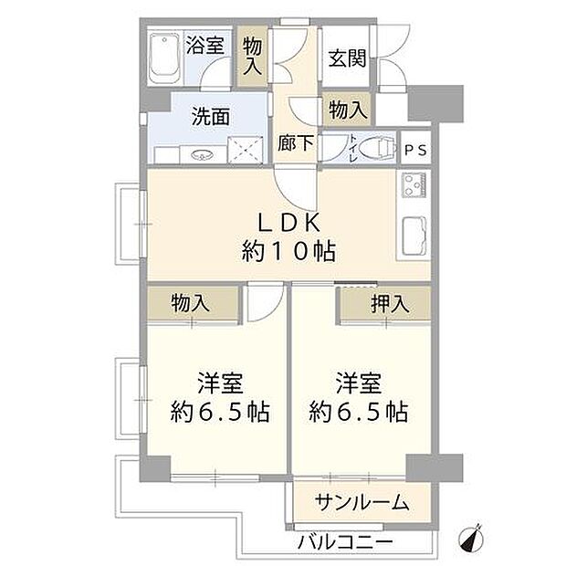 LDK約10帖/洋室約6.5帖/洋室約6.5帖/洗面/浴室/トイレ/サンルーム/バルコニー