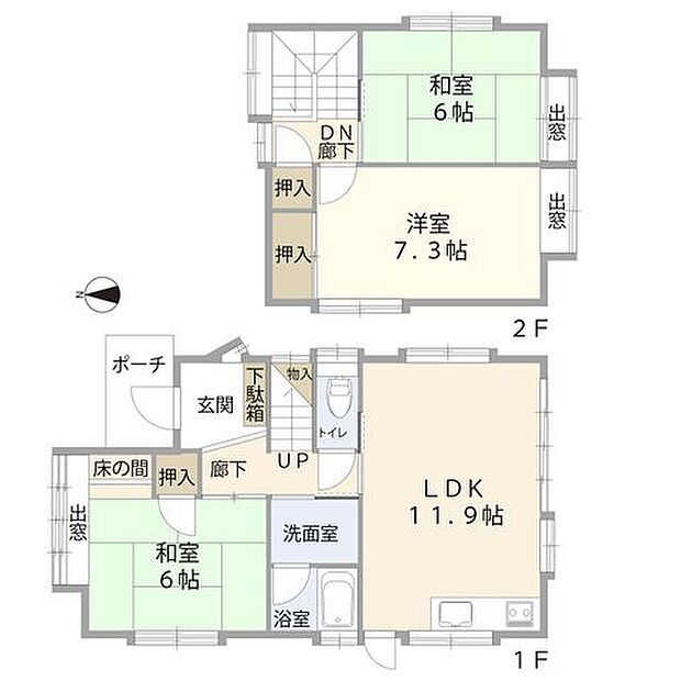 1階：LDK約11.9帖　和室約6帖2階：和室約6帖　洋室約7.3帖