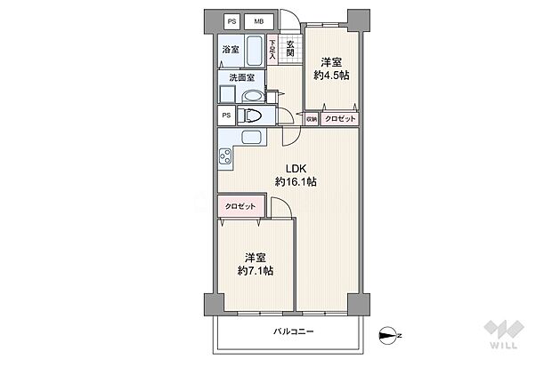 専有面積約63.29?の2LDK。廊下部分が短く設計されているため、延床面積のほとんどを居住空間にまわすことが出来ています。