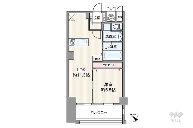 間取りは専有面積39.31平米の1LDK。LDKと洋室をつなげて使える縦長リビングのプラン。キッチンと洗面室（洗濯機置場）の行き来がしやすく、家事動線に優れています。バルコニー面積は5.5平米です。