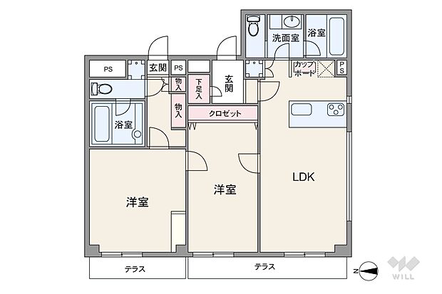 間取りは専有面積89.84平米の1LDK+1K。玄関とサニタリーが2か所ずつ設けられた2世帯に対応したプラン。中央の洋室を通ってそれぞれの住戸を行き来することも可能。全居室がテラスに面しています。