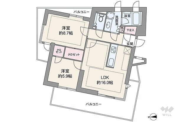 間取りは専有面積71.02平米の2LDK。全居室がバルコニーに面したワイドスパンのプラン。大きい方の洋室とLDKには採光面に配慮されたコーナーサッシが採用されています。