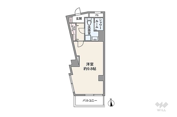 間取りは専有面積29.13平米の1R。二面採光で開放感のあるプラン。水回りは洗面とトイレが一体、浴室はなくシャワールームが備え付けられています。バルコニー面積は6.04平米です。