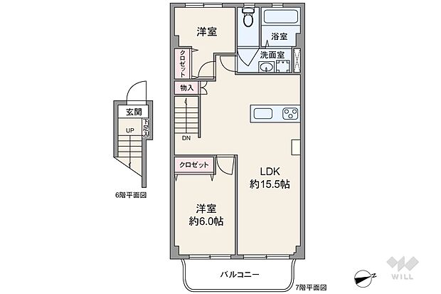 間取りは専有面積67.49平米の2LDK。玄関から階段を上がって居住スペースにアクセスするプラン。全居室に収納が設けられています。バルコニー面積は6.75平米です。