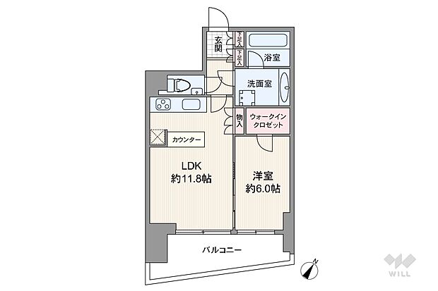 間取りは専有面積44.5平米の1LDK。LDK約11.8帖のプラン。バルコニー面積は4.81平米です。