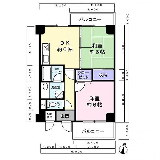 ライオンズマンション芦屋西蔵町(2DK) 3階の間取り図