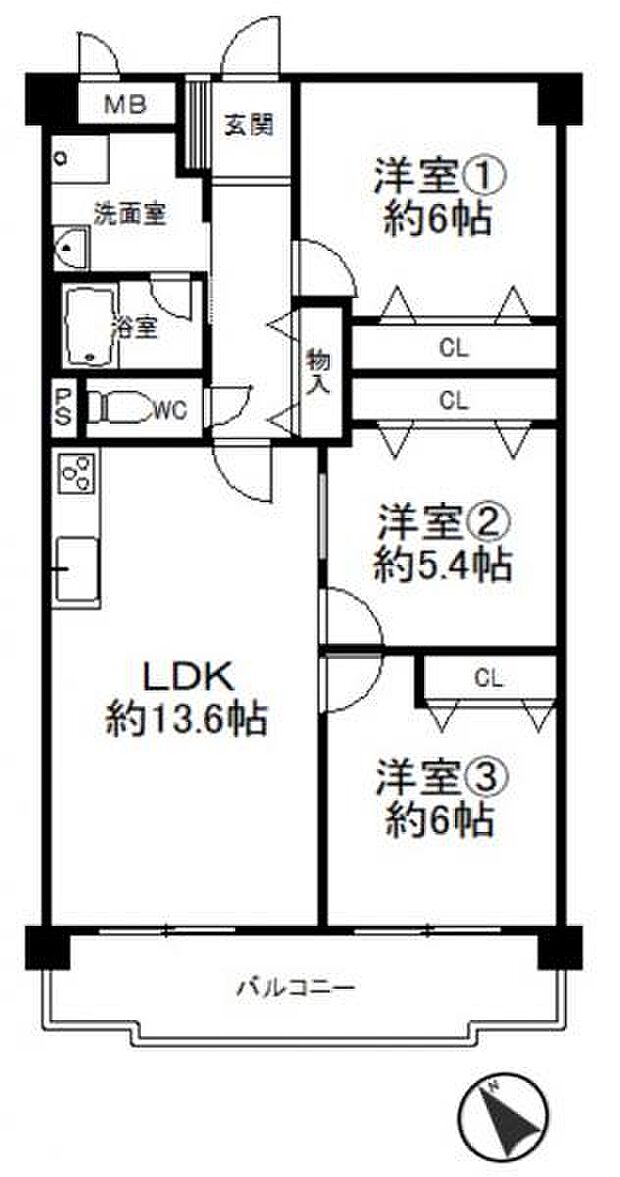 シーサイドコーポラス西宮(3LDK) 7階の間取り図
