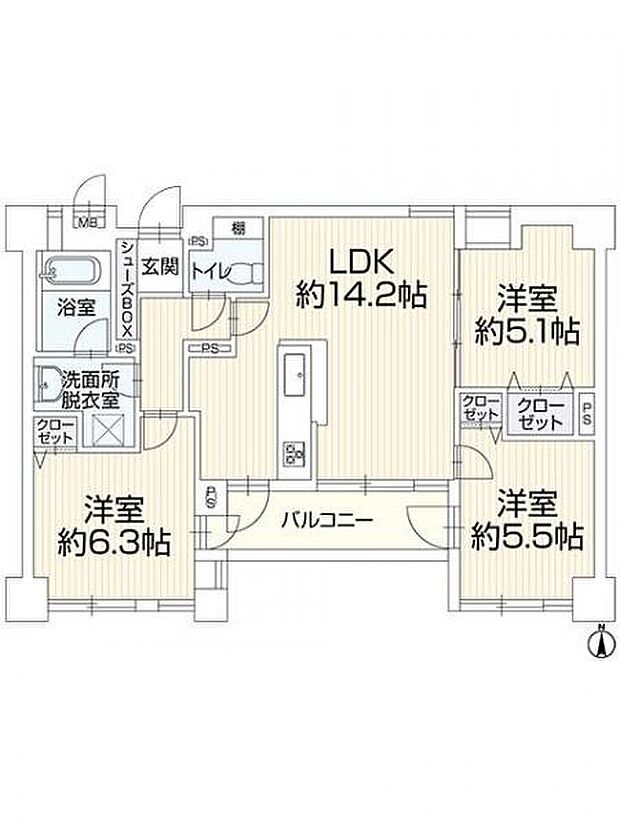 パレ北武庫之荘V壱号棟(3LDK) 3階の間取り図