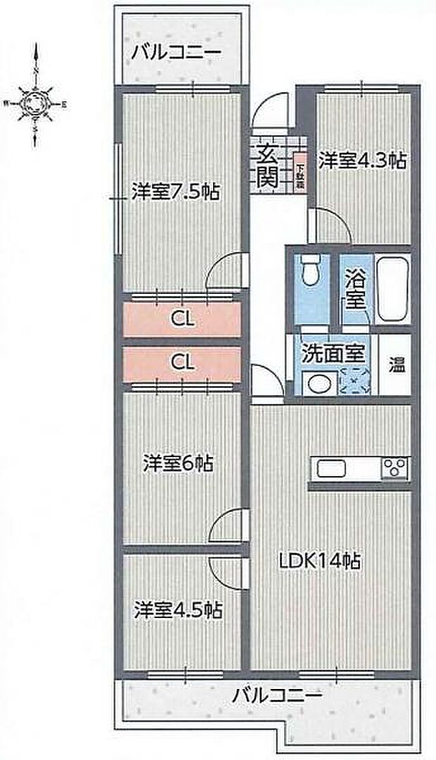 千里山田コーポラスA棟(4LDK) 4階の間取り図