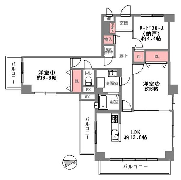 仁川グリーンハイツ(3LDK) 6階の間取り図