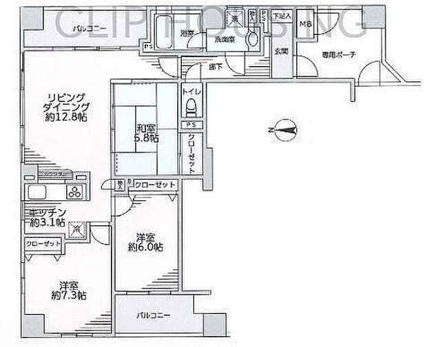 リッツタワー八王子(3LDK) 4階の間取り図