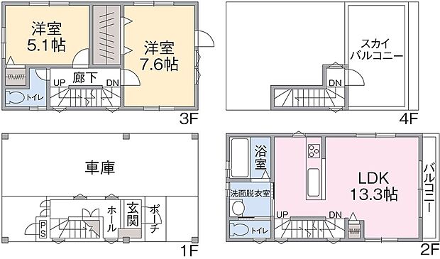 1階が車庫、2階がリビング、3階が居室、そして屋上がバルコニーになっております。
