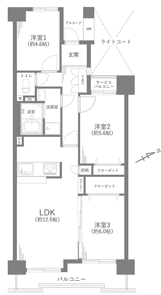 コープ野村松戸(3LDK) 6階/605の間取り図