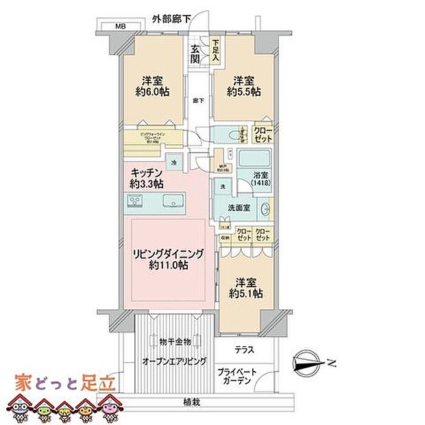 ヴェレーナ戸田公園テラス(3LDK) 1階の間取り図