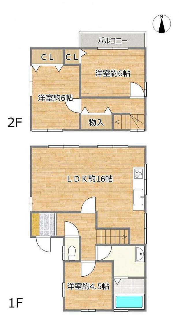 【間取図】2階建て3LDKのお家です。4DKから3LDKに間取り変更を行い、より家族が集まりやすい空間に仕上がります。水廻りも全て新品交換しますので気持ちよく生活していただけますよ。