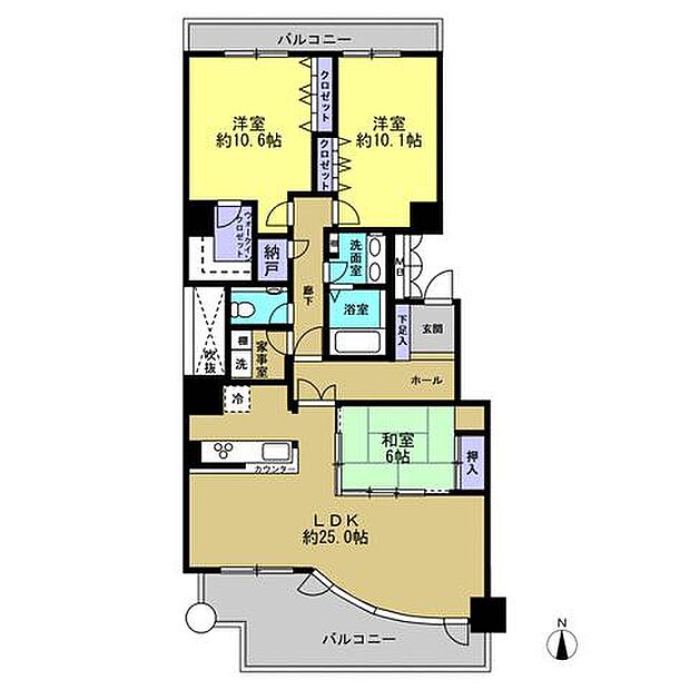 【間取り図】南向き3SLDKのお家です。リビングは、約25.0帖の広さがあるので、ソファーとテレビを置くことが出来ますよ。
