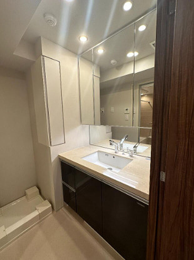 洗面所横に収納がついた独立洗面台。鏡が大きく。身支度に便利です。